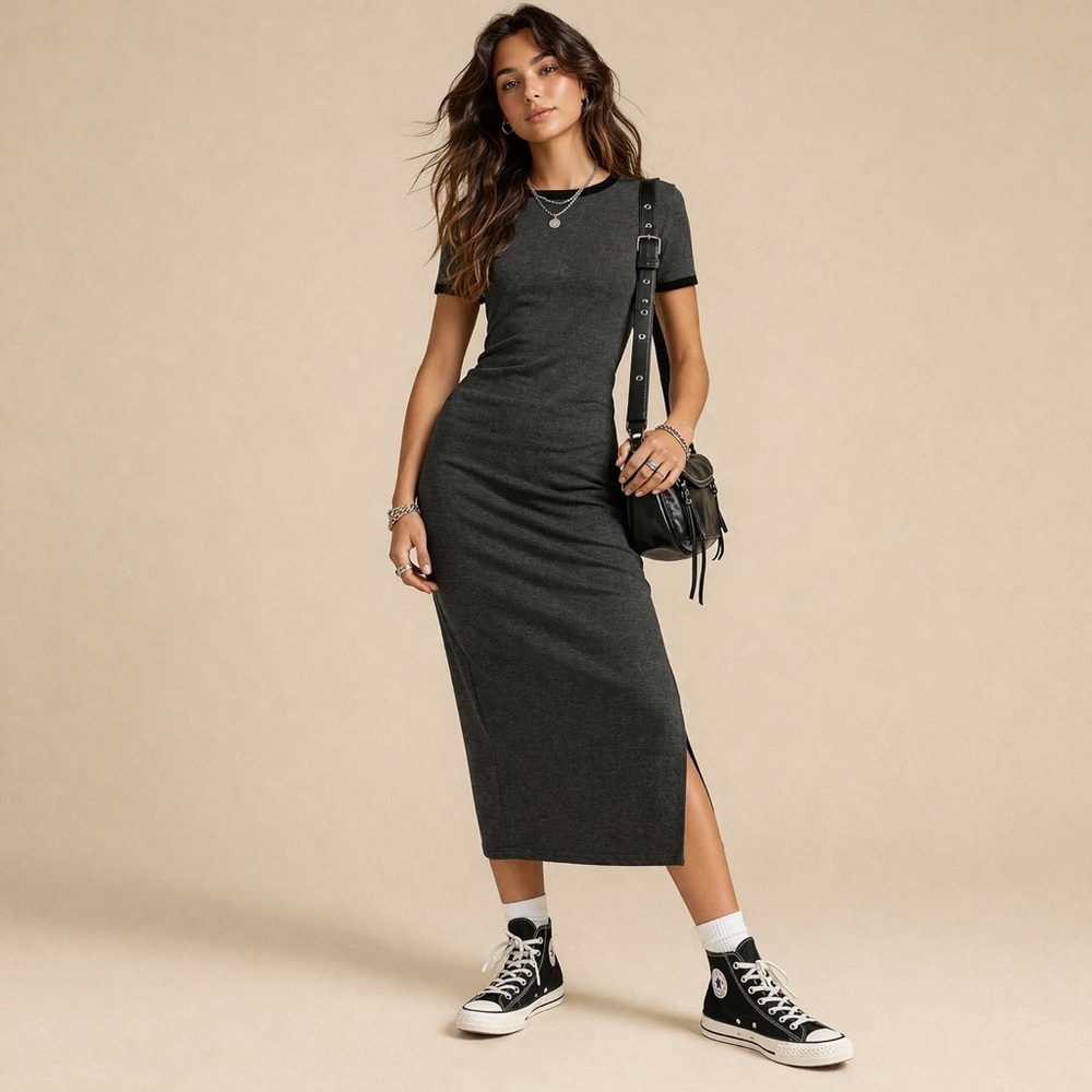 Forever 21 Charcoal Gray Midi T-Shirt Dress Size M